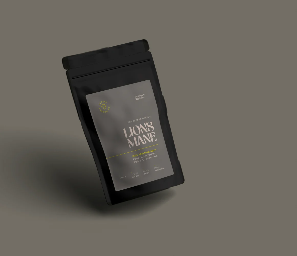 Jersey Shroom Co. Lion's Mane powder: a matte black resealable pouch with a grey label reading Lion's Mane, standing on a soft grey-green background.